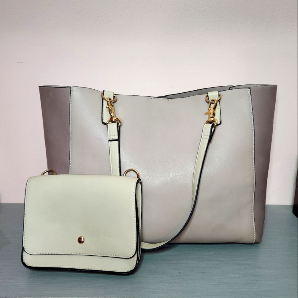 Taupe and Cream Tote with Clip-in Clutch Wallet